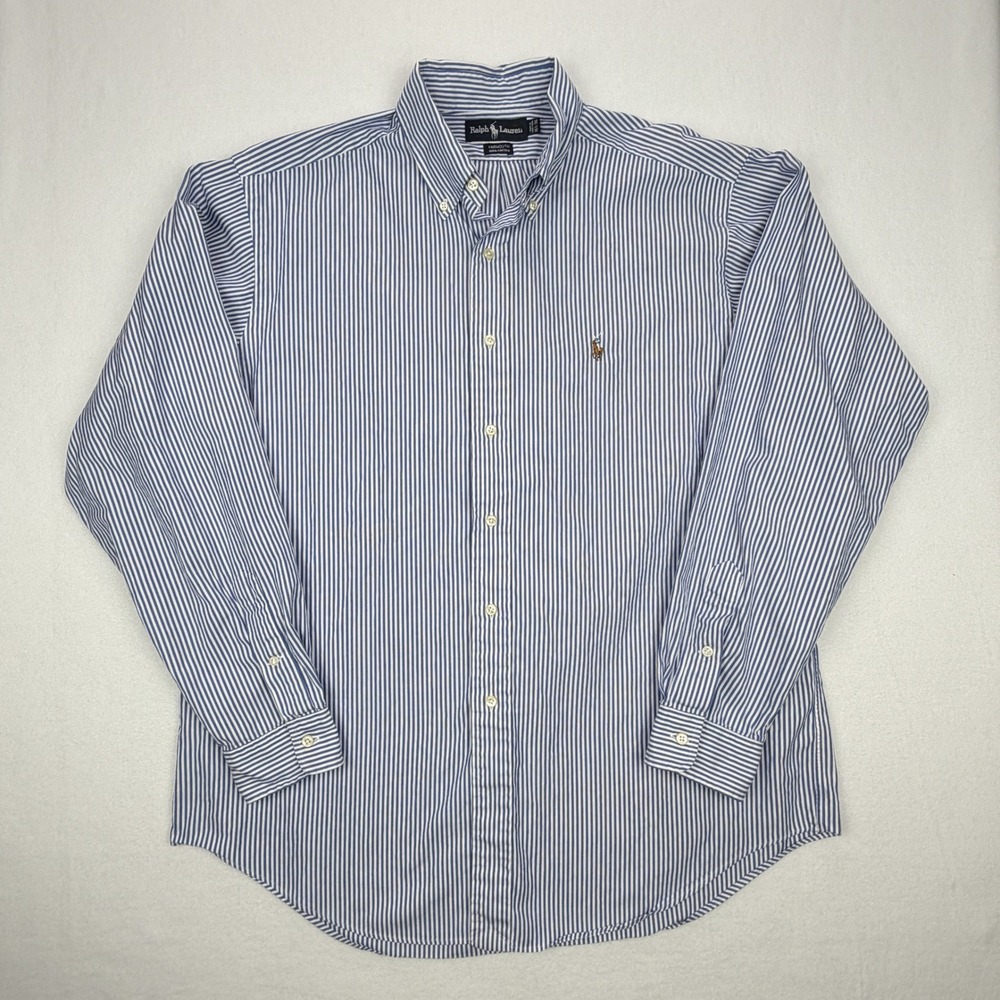 Ralph Lauren Yarmouth Mens 16.5 36 Blue White Striped Cotton Button Down Shirt